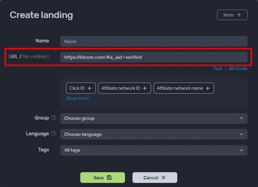 Add URL on Your Binom Landing Page