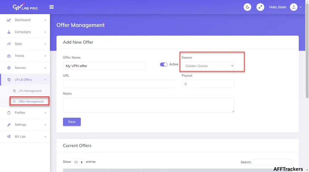Add Your Offers and landing Pages in CPV lab 