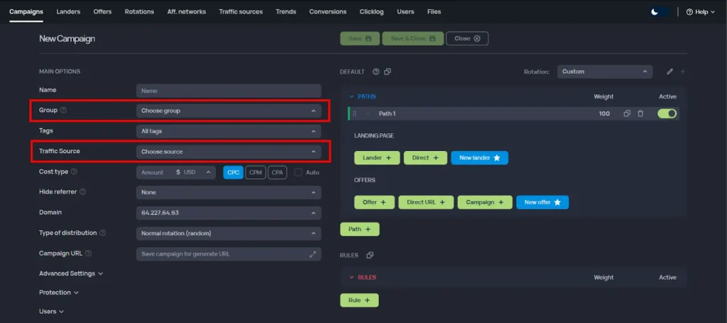 Add appropriate group and traffic source on Binom Campaign