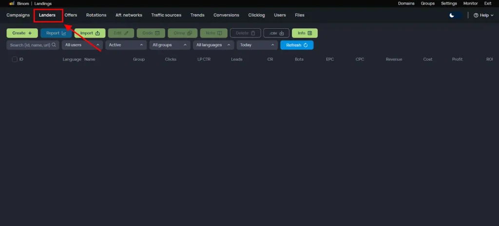Click On landers for Creating landing Pages on Binom