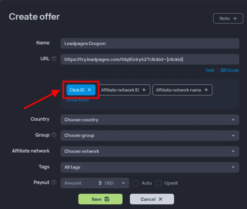 Click on ClickID button after Creating Offer on Binom