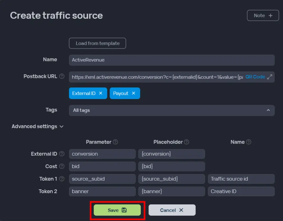 Save your traffic source in Binom