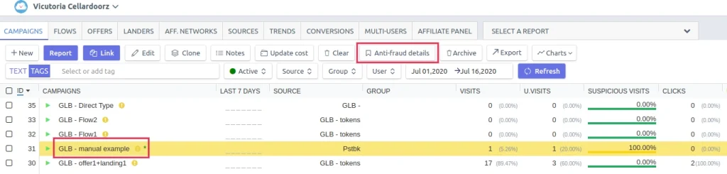 Peerclick anti-fraud details option for a campaign